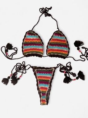 Handmade Multicolor Crochet Bikini with Brown Trip and Tassels - One Size